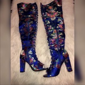 Blue Embroidered Over the Knee Boots